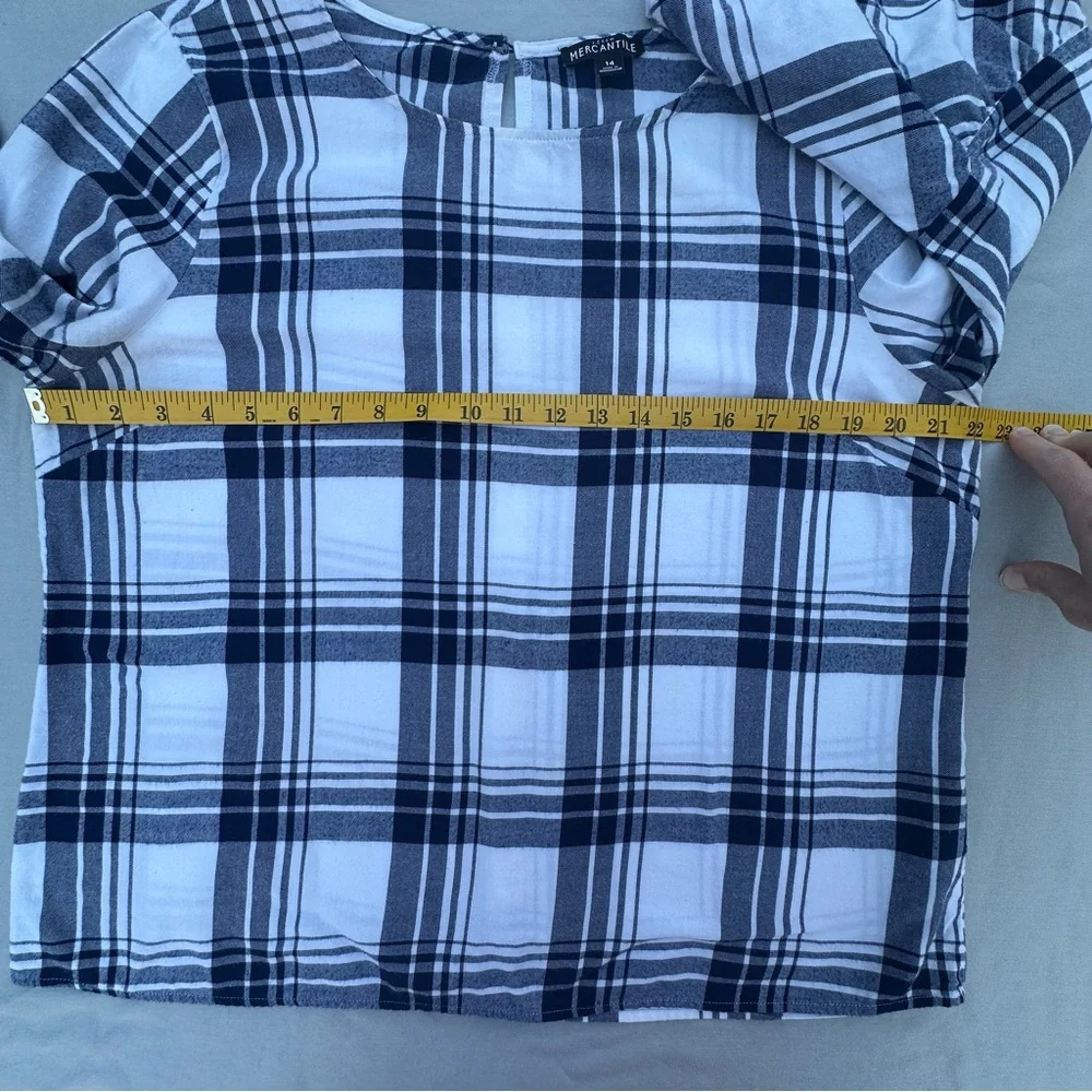 J.Crew Mercantile Plaid Bell Sleeve Blouse Top Navy Blue White Cotton Size 14